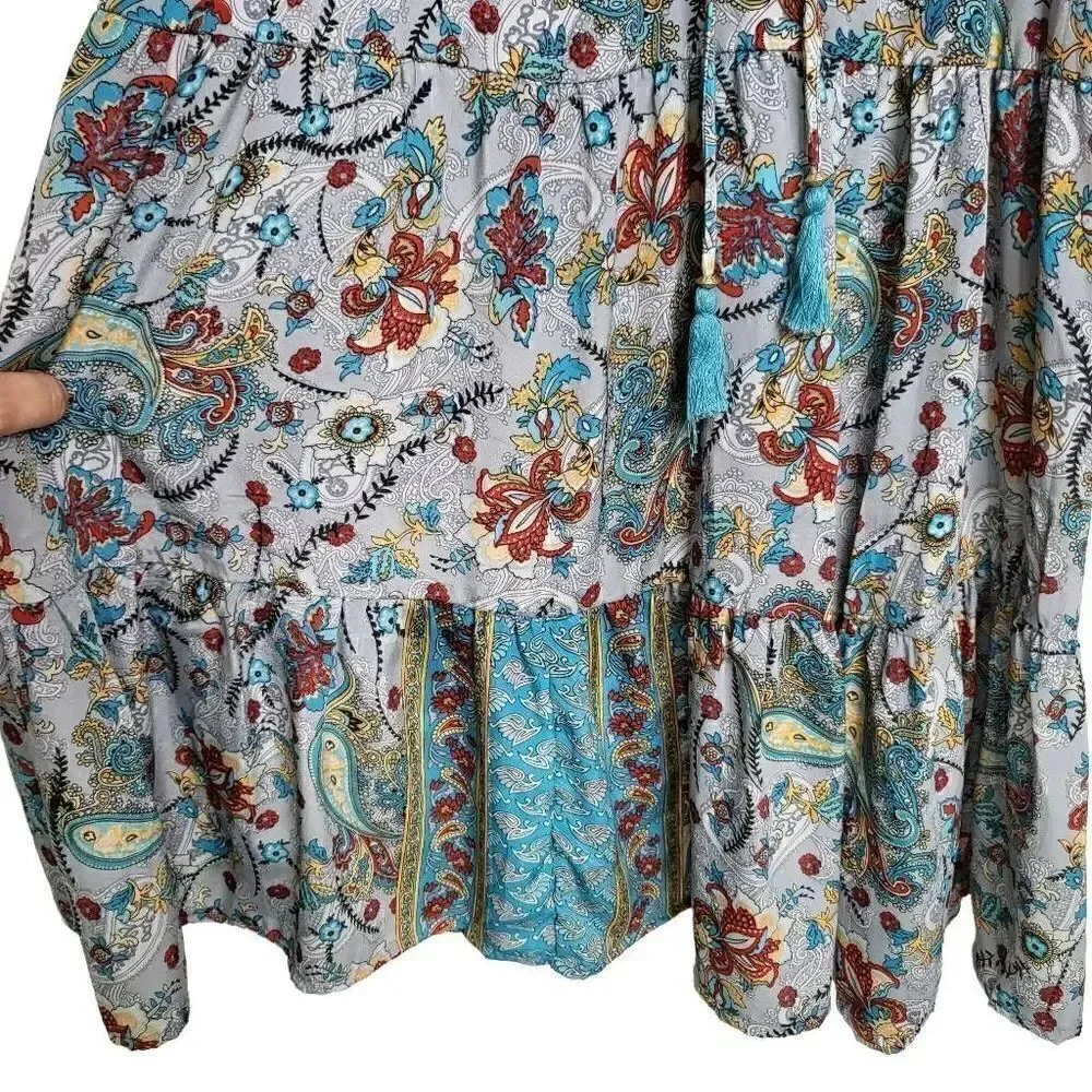Paani Paisley Floral Midi Tiered Dress Boho Cottagecore Size Medium